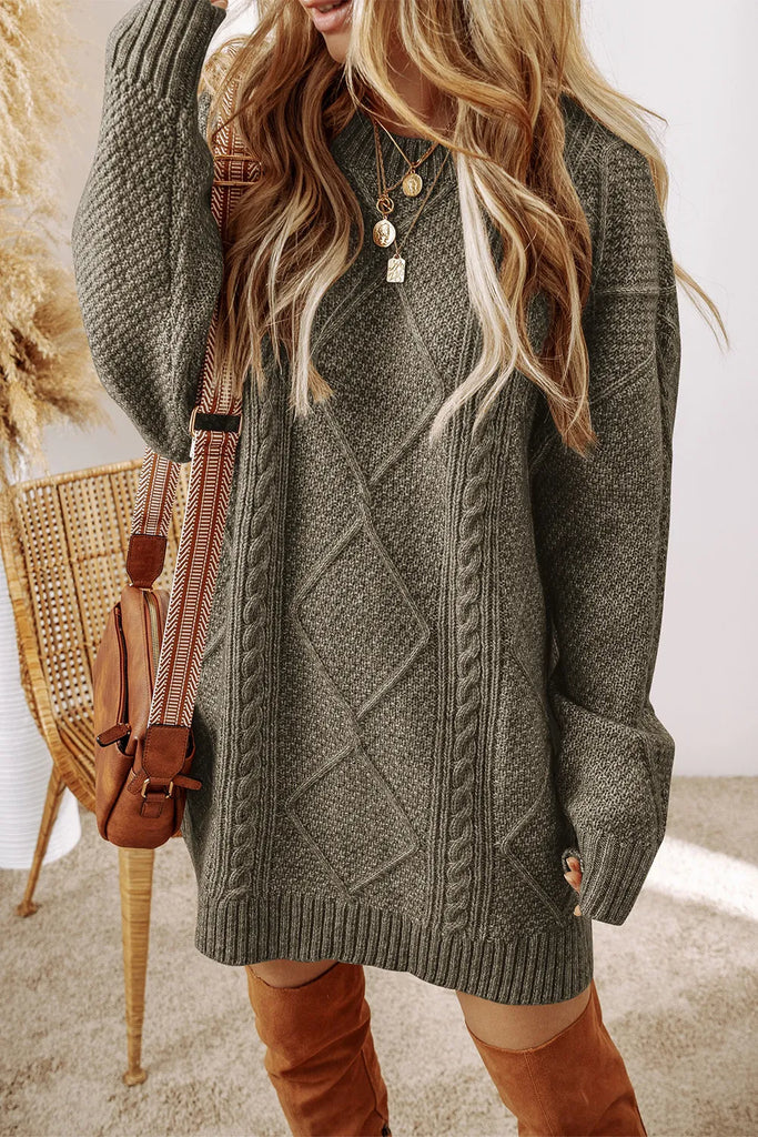 Cable-Knit Round Neck Sweater Dress.