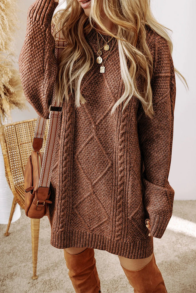 Cable-Knit Round Neck Sweater Dress.