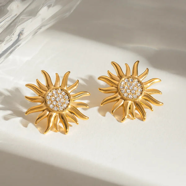 Stainless Steel Inlaid Rhinestone Sun Shape Stud Earrings.
